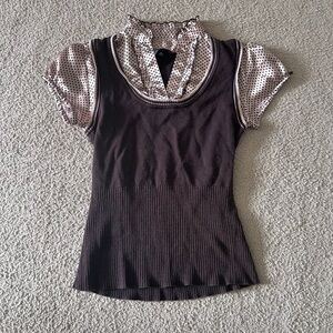 Medium Vintage brown and tan coquette/office siren style blouse with cap sleeve